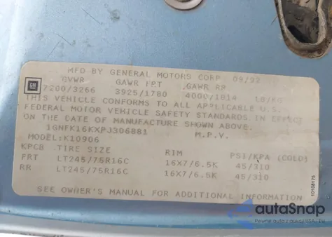 1993 Chevrolet Suburban K1500 from USA, damaged, VIN 1GNFK16KXPJ306881